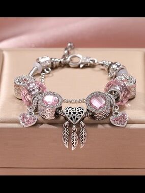 Affordable Fashion Finds Silver Bracelet with Pink Crystal Charms